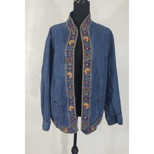 Women's Alfred Dunner 16W Stretch Floral Embroidered Open Front Denim Jacket